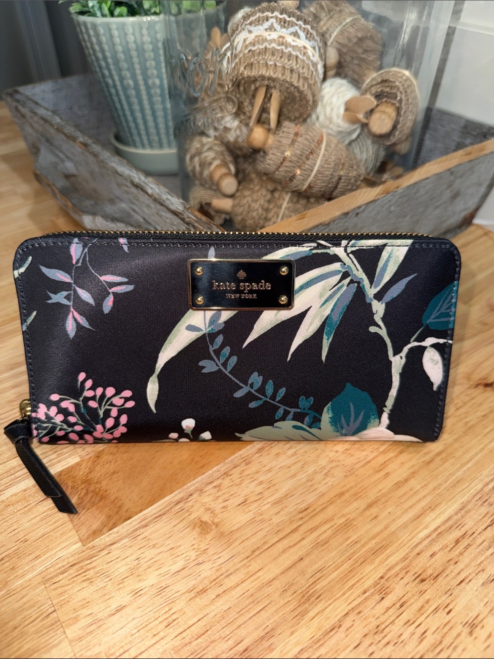 kate spade Black Floral Zip Wallet with Pink & Teal Accents
